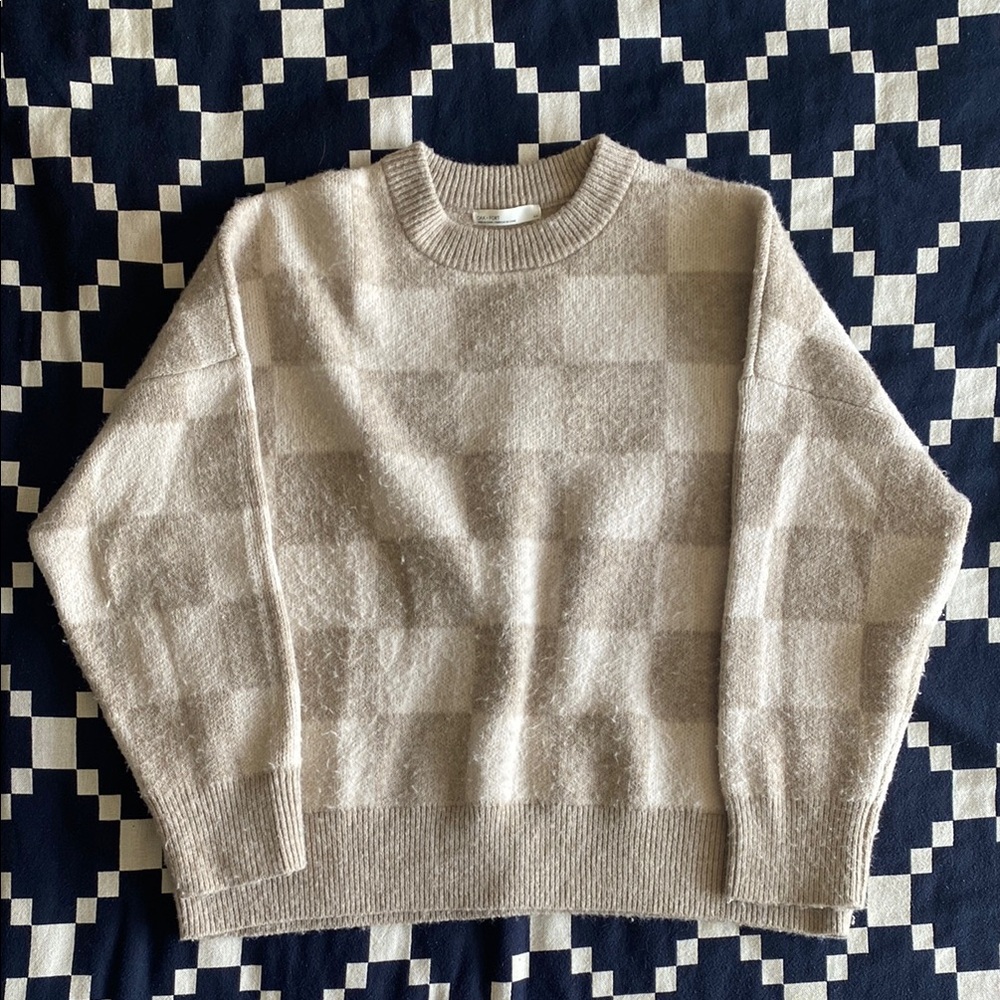 OAK + FORT Tan Crew Neck Sweater with Textured Knit